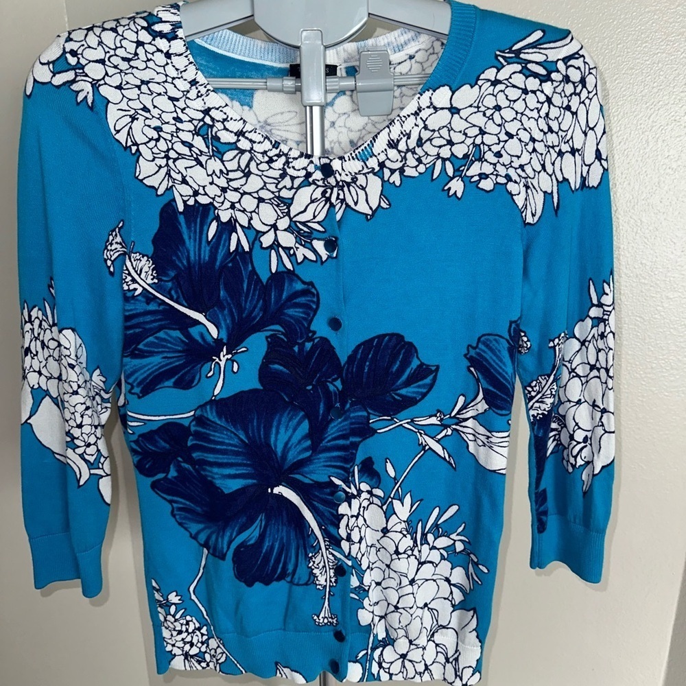 Talbots Blue and White Floral Cardigan